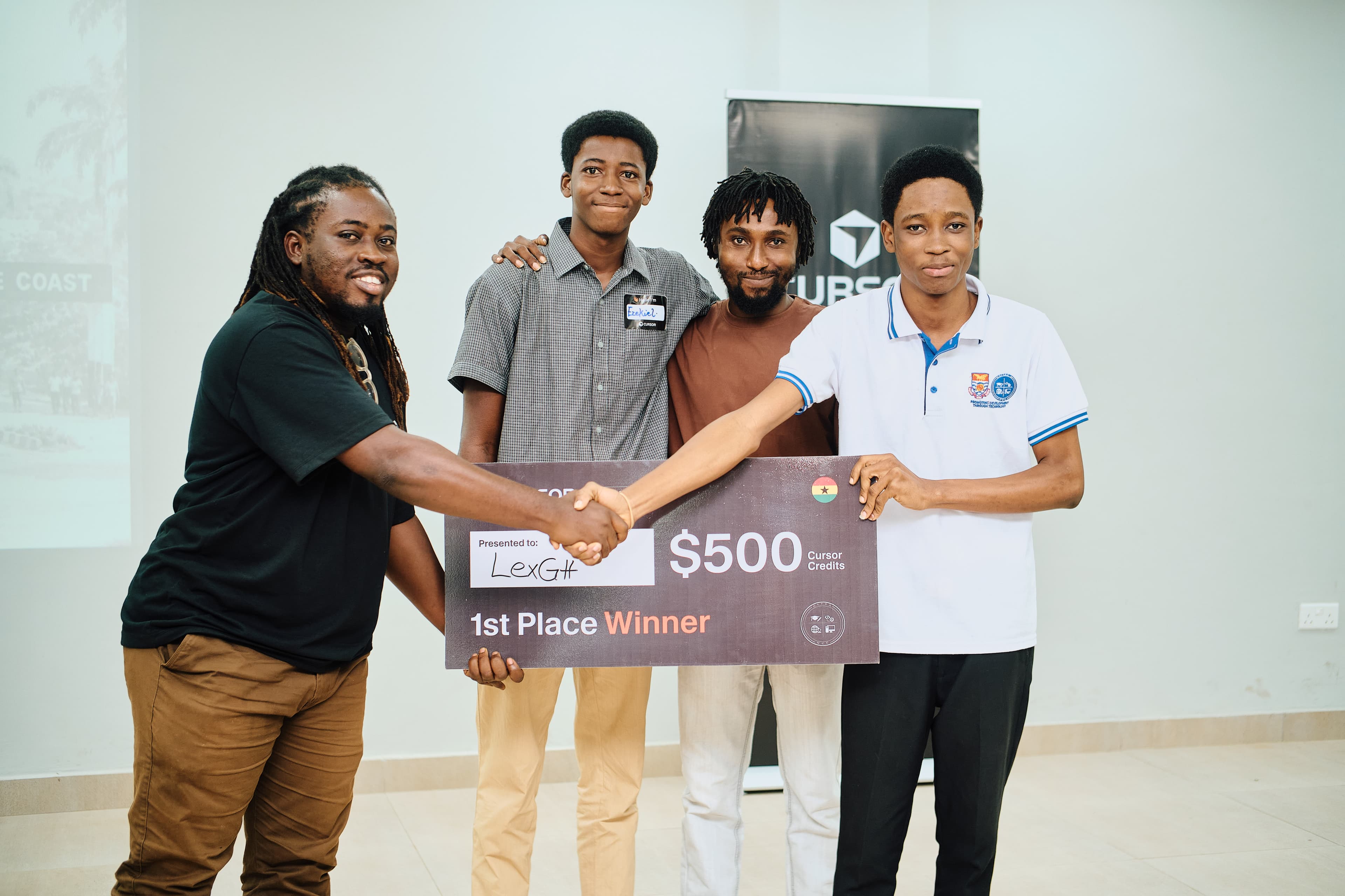 Cursor Hackathon UCC — LexGH first-place winners with prize cheque